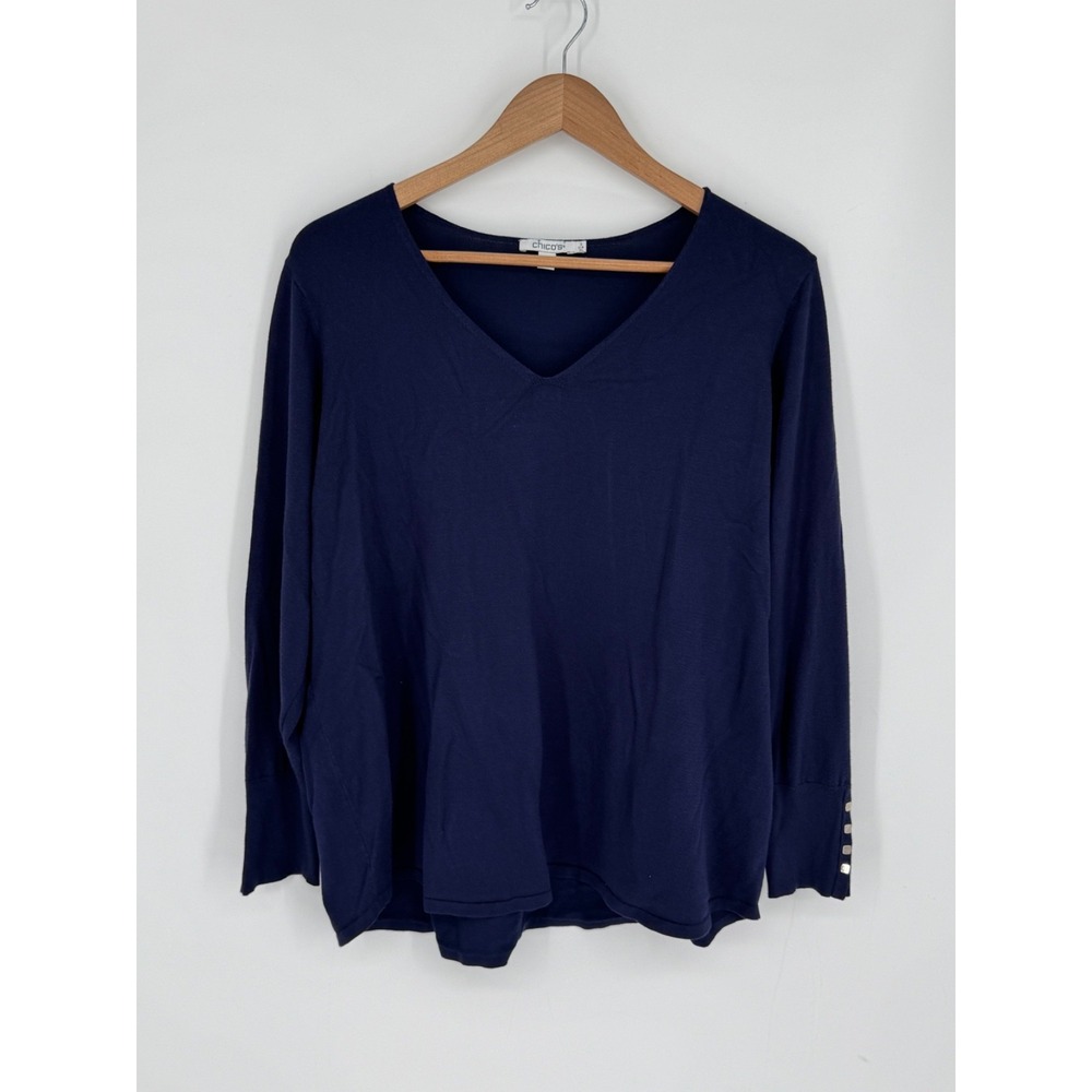Chico's Women's Size 3/XL V-Neck Long Sleeve Knit Top Bling on Cuffs Navy E2
